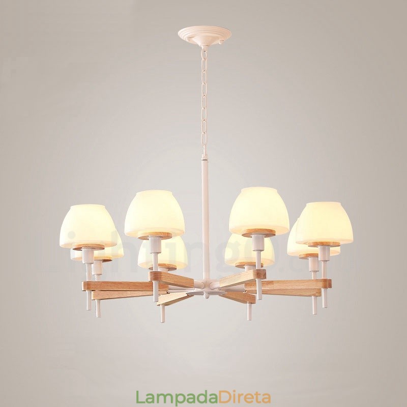 6 Luzes 8 Luzes Multi Cores Macaron Madeira Pendente Luz com Tons de Vidro Lustre Estilo Nórdico