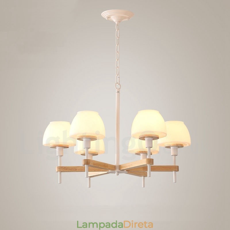6 Luzes 8 Luzes Multi Cores Macaron Madeira Pendente Luz com Tons de Vidro Lustre Estilo Nórdico