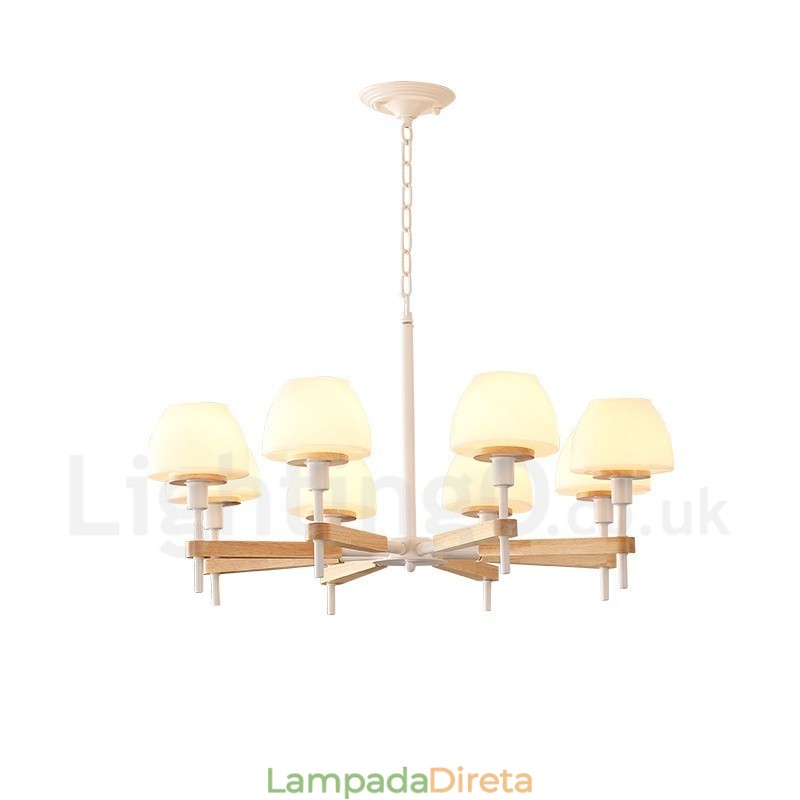 6 Luzes 8 Luzes Multi Cores Macaron Madeira Pendente Luz com Tons de Vidro Lustre Estilo Nórdico