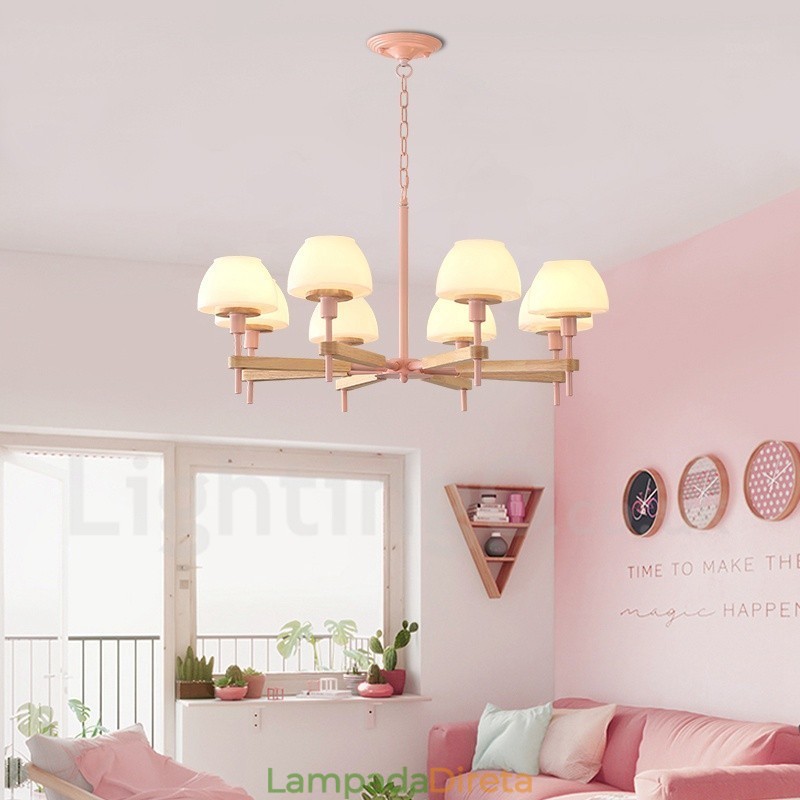 6 Luzes 8 Luzes Multi Cores Macaron Madeira Pendente Luz com Tons de Vidro Lustre Estilo Nórdico