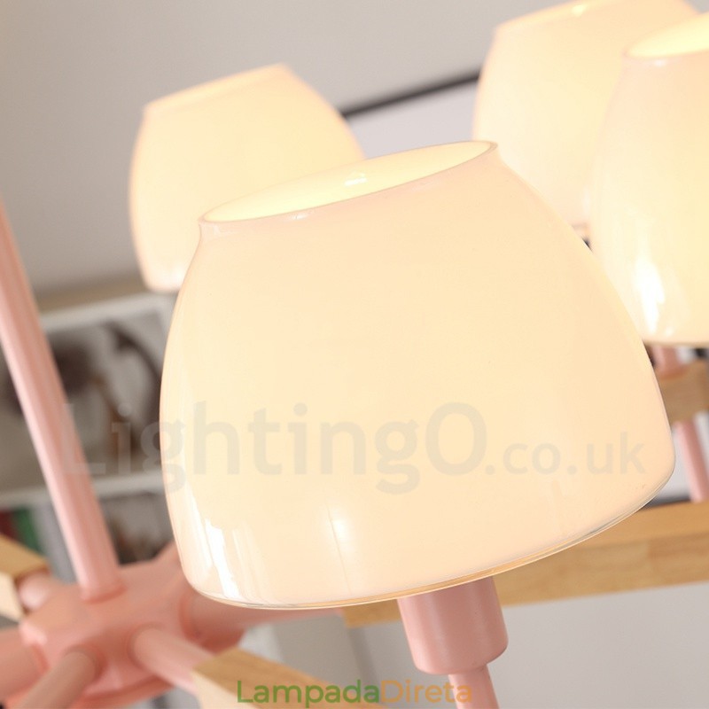 6 Luzes 8 Luzes Multi Cores Macaron Madeira Pendente Luz com Tons de Vidro Lustre Estilo Nórdico