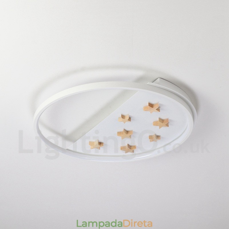 Luminária de teto redonda de madeira com estrelas brancas reguláveis, luminária de teto ultrafina também pode ser usada como luz de parede