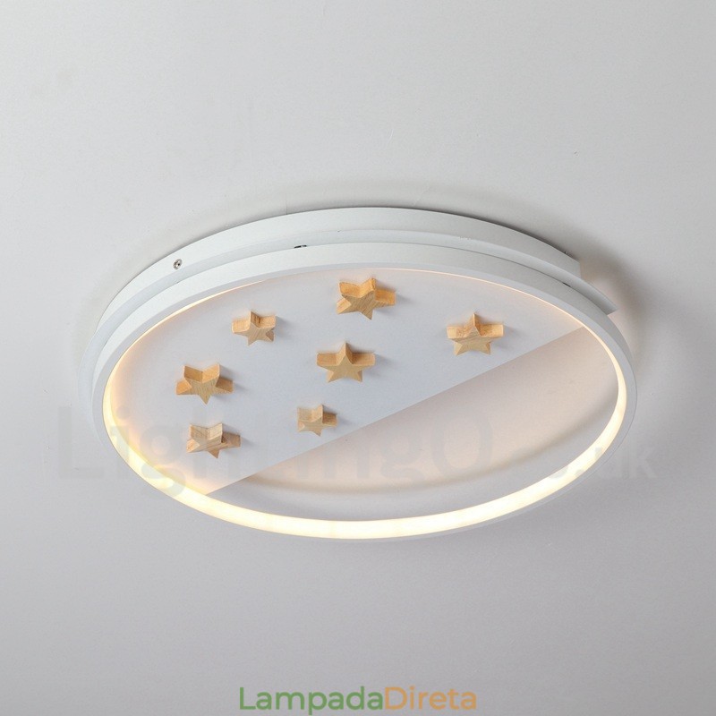 Luminária de teto redonda de madeira com estrelas brancas reguláveis, luminária de teto ultrafina também pode ser usada como luz de parede