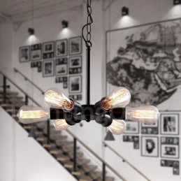 6 Luzes Rústicas Retro Vintage Preto Pendente Design