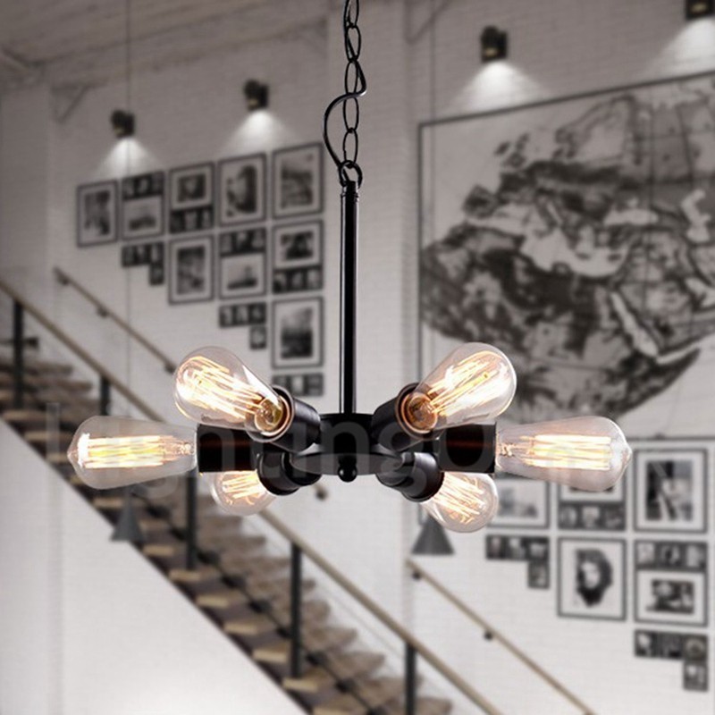 6 Luzes Rústicas Retro Vintage Preto Pendente Design