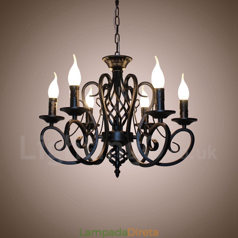 Lustre de vela pendente preto e branco vintage retrô rústico de 6 luzes