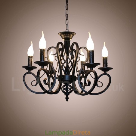 Lustre de vela pendente preto e branco vintage retrô rústico de 6 luzes Lustre de vela pendente preto e branco vintage retrô rústico de 6 luzes