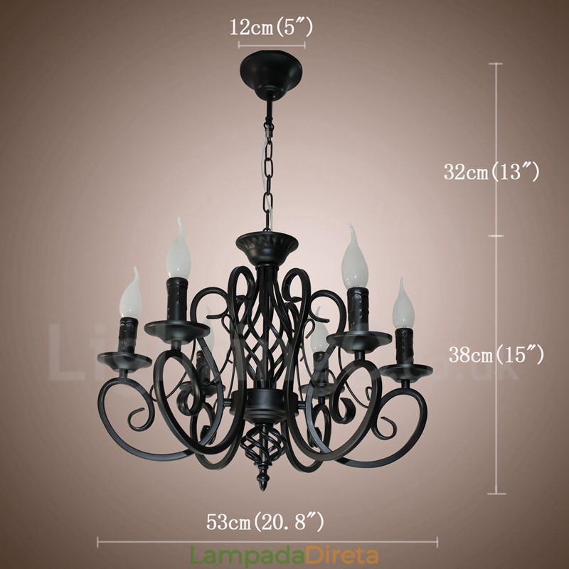 Lustre de vela pendente preto e branco vintage retrô rústico de 6 luzes