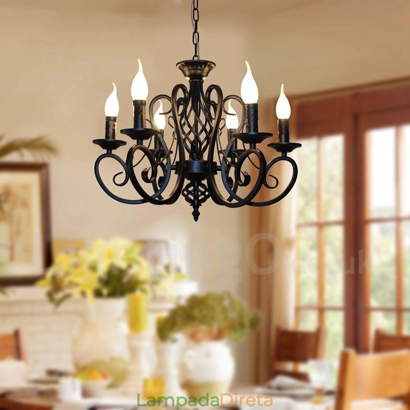 Lustre de vela pendente preto e branco vintage retrô rústico de 6 luzes