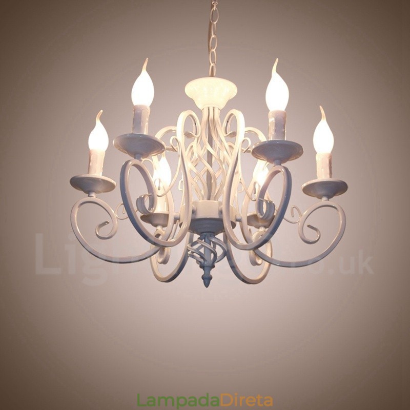 Lustre de vela pendente preto e branco vintage retrô rústico de 6 luzes