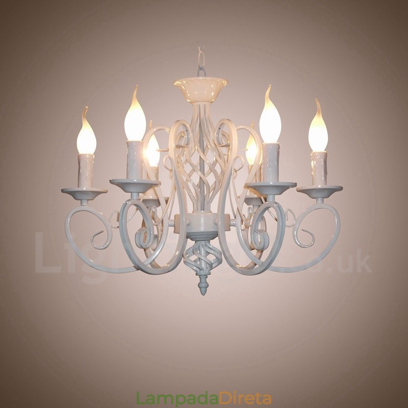Lustre de vela pendente preto e branco vintage retrô rústico de 6 luzes