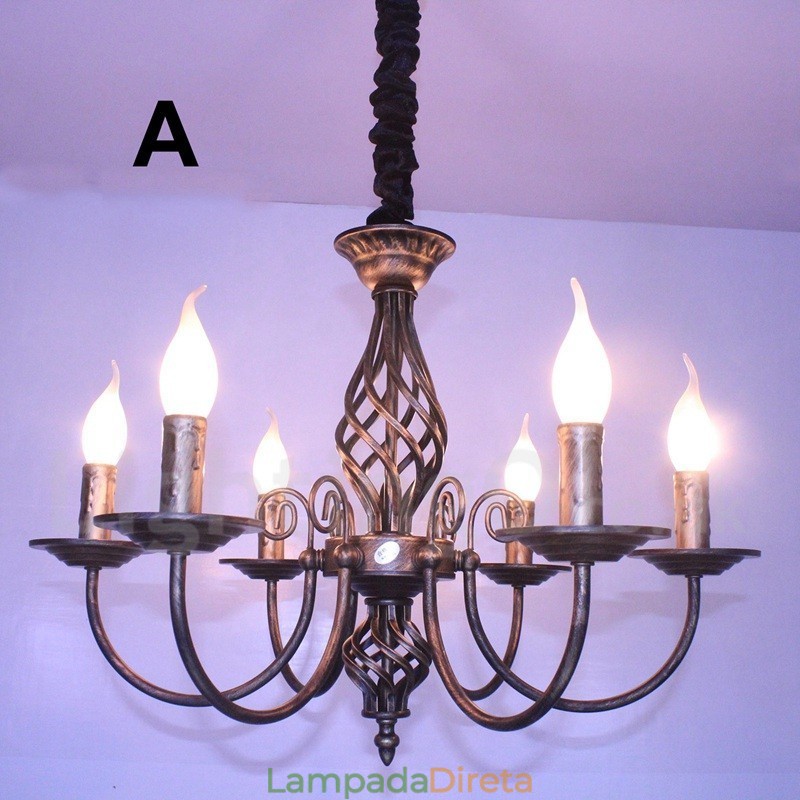 Lustre de vela pendente preto e branco vintage retrô rústico de 6 luzes