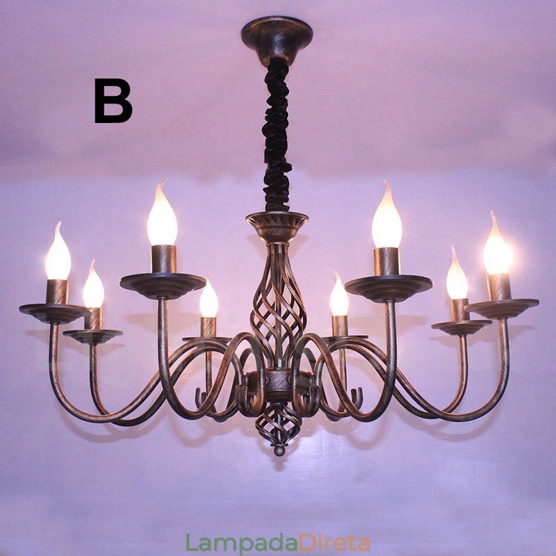 Lustre de vela pendente preto e branco vintage retrô rústico de 6 luzes