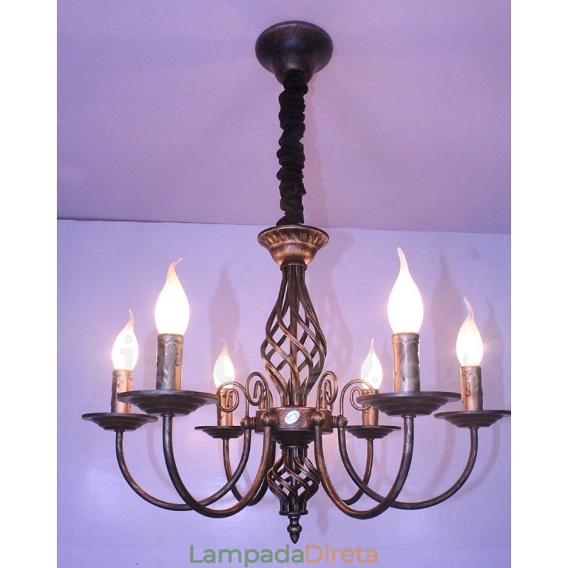 Lustre de vela pendente preto e branco vintage retrô rústico de 6 luzes