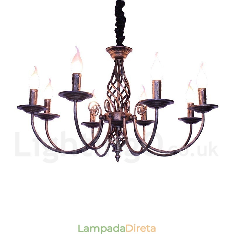 Lustre de vela pendente preto e branco vintage retrô rústico de 6 luzes