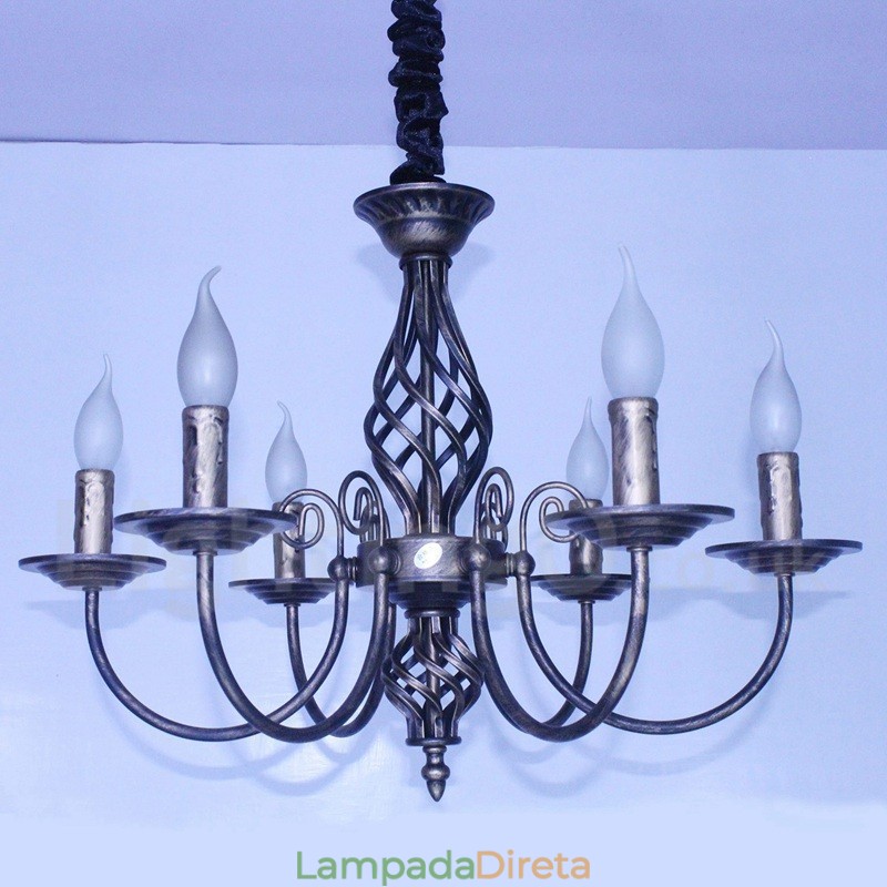 Lustre de vela pendente preto e branco vintage retrô rústico de 6 luzes
