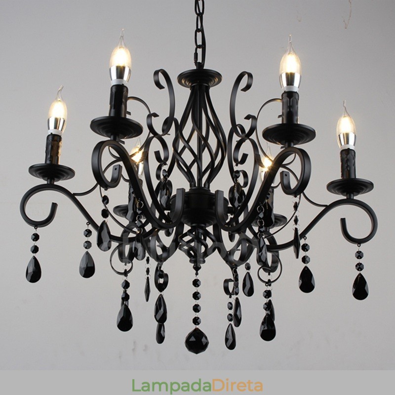 Lustre de cristal rústico retrô vintage preto branco azul com 6 luzes