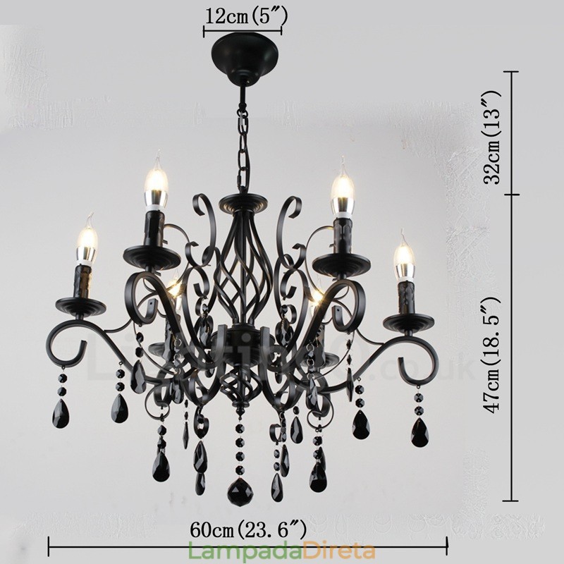 Lustre de cristal rústico retrô vintage preto branco azul com 6 luzes