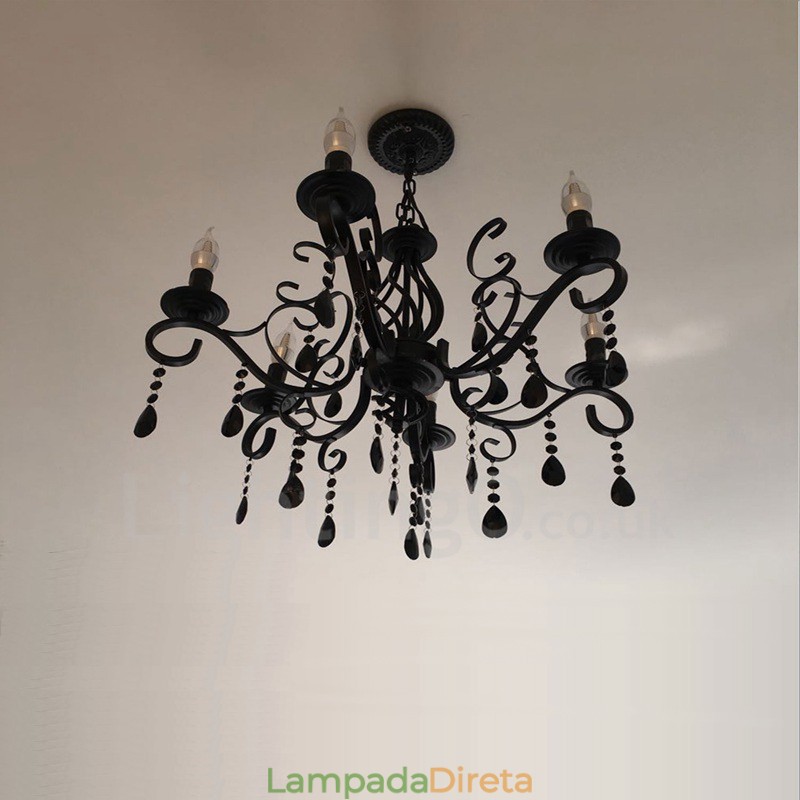 Lustre de cristal rústico retrô vintage preto branco azul com 6 luzes