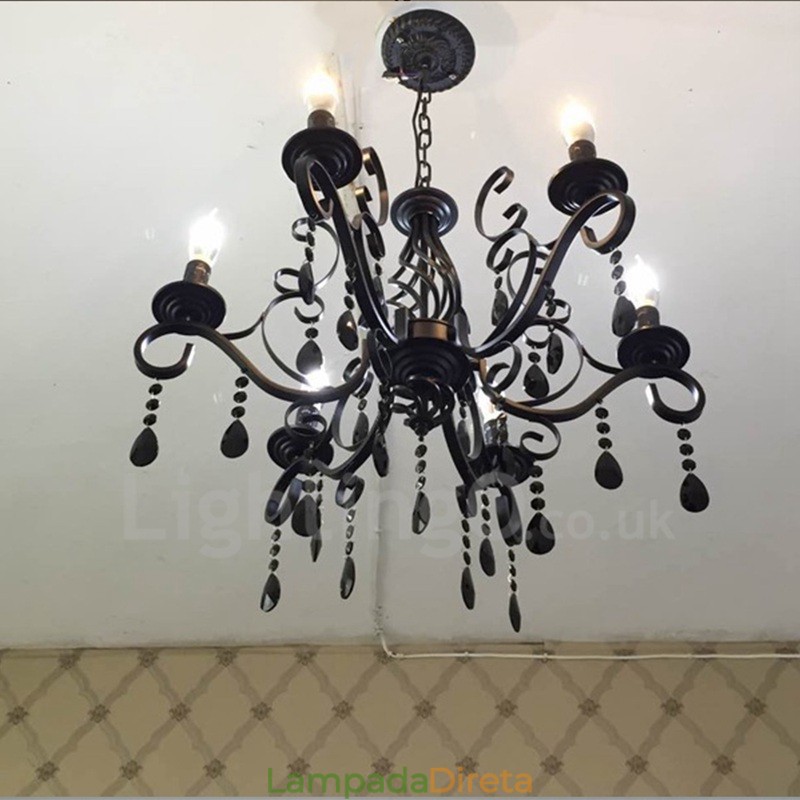 Lustre de cristal rústico retrô vintage preto branco azul com 6 luzes