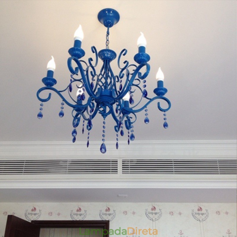 Lustre de cristal rústico retrô vintage preto branco azul com 6 luzes