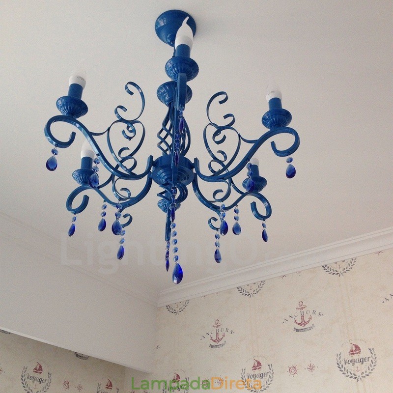 Lustre de cristal rústico retrô vintage preto branco azul com 6 luzes