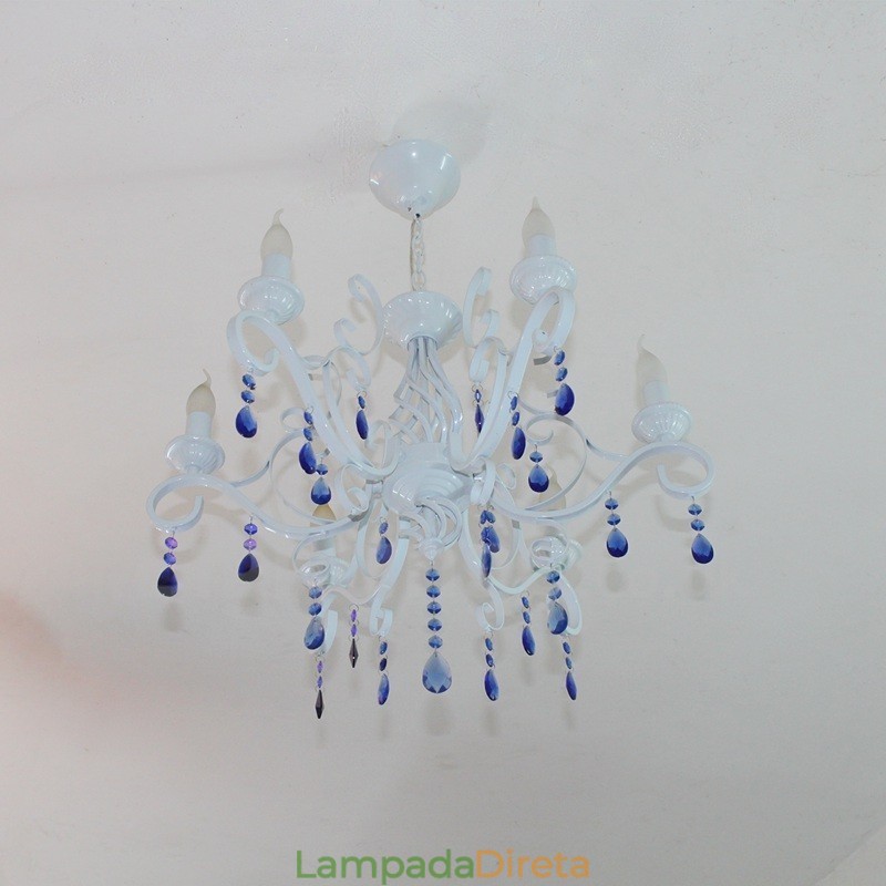 Lustre de cristal rústico retrô vintage preto branco azul com 6 luzes