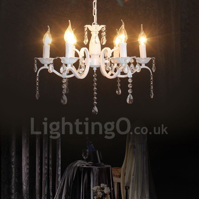 Lustre de vela pendente branco vintage retrô rústico de cristal de 6 luzes