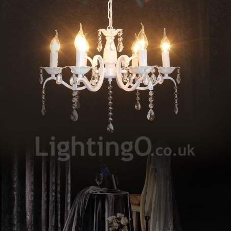 Lustre de vela pendente branco vintage retrô rústico de cristal de 6 luzes Lustre de vela pendente branco vintage retrô rústico de cristal de 6 luzes