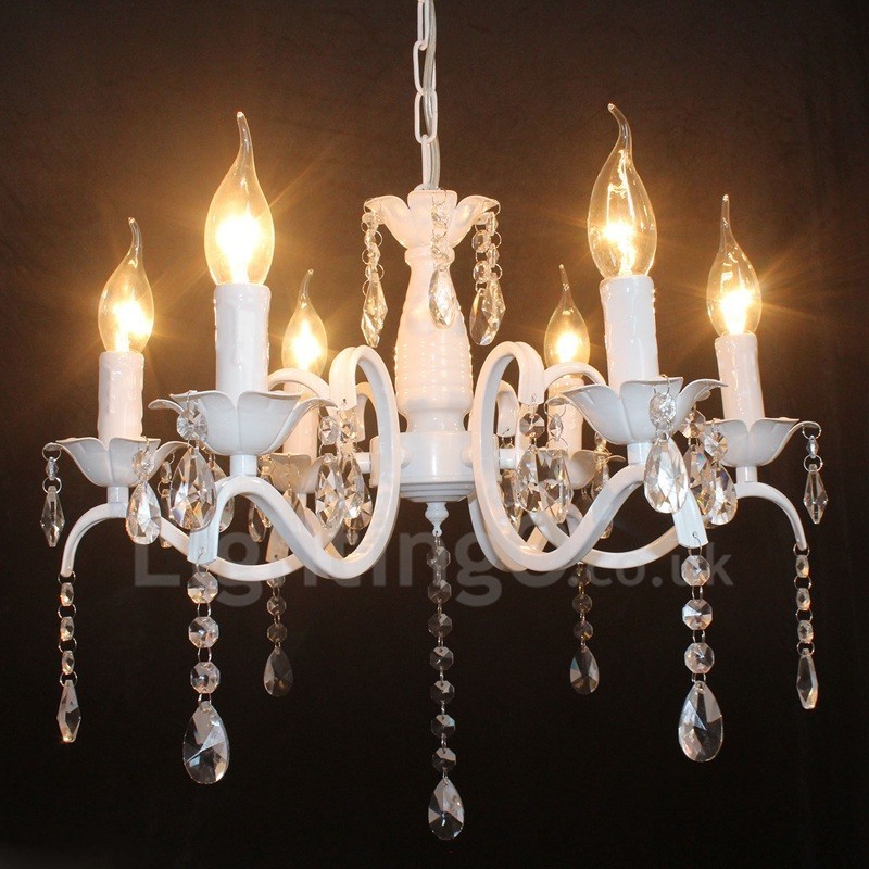Lustre de vela pendente branco vintage retrô rústico de cristal de 6 luzes