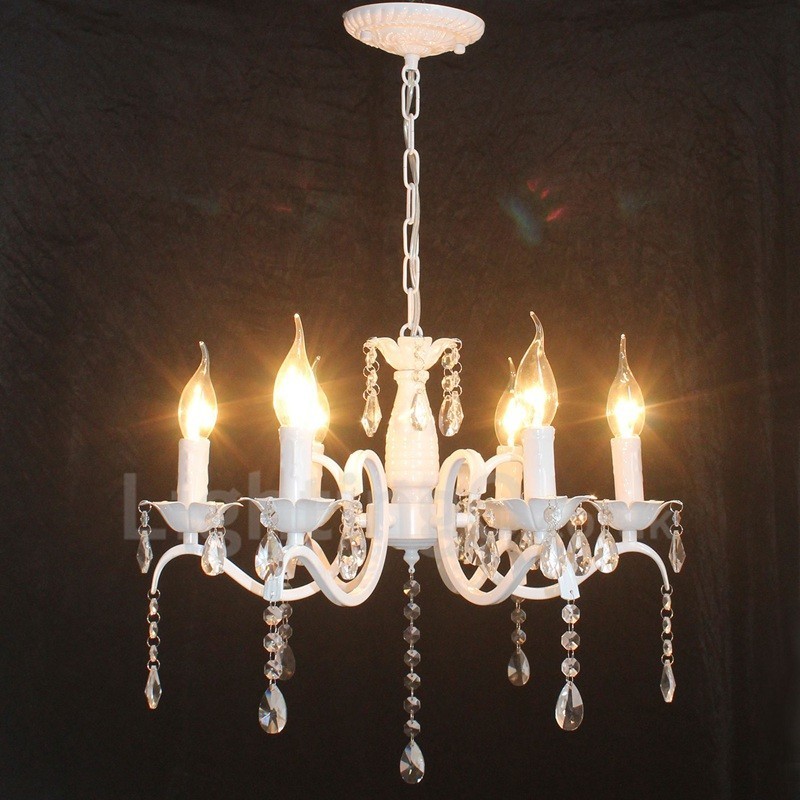 Lustre de vela pendente branco vintage retrô rústico de cristal de 6 luzes