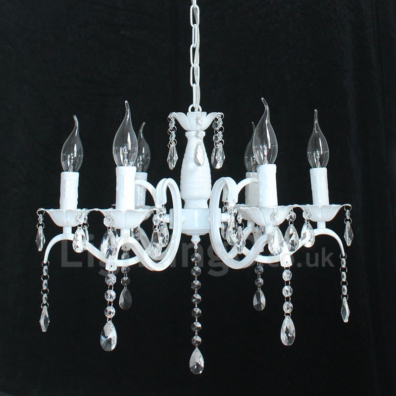 Lustre de vela pendente branco vintage retrô rústico de cristal de 6 luzes