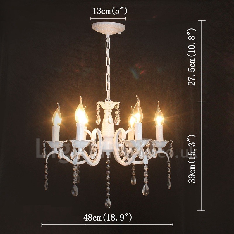 Lustre de vela pendente branco vintage retrô rústico de cristal de 6 luzes