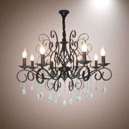 Lustre de vela pendente preto retrô vintage rústico de cristal de 8 luzes