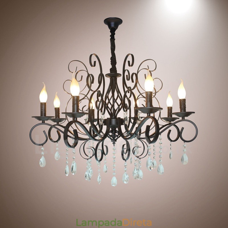 Lustre de vela pendente preto retrô vintage rústico de cristal de 8 luzes