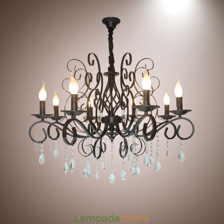 Lustre de vela pendente preto retrô vintage rústico de cristal de 8 luzes Lustre de vela pendente preto retrô vintage rústico de cristal de 8 luzes