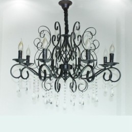 Lustre de vela pendente preto retrô vintage rústico de cristal de 8 luzes