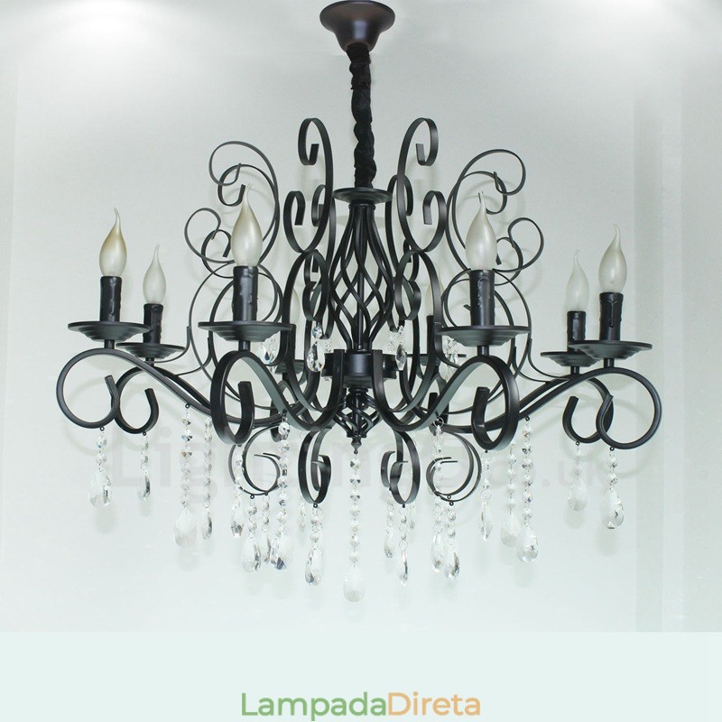 Lustre de vela pendente preto retrô vintage rústico de cristal de 8 luzes