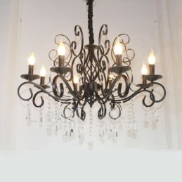 Lustre de vela pendente preto retrô vintage rústico de cristal de 8 luzes