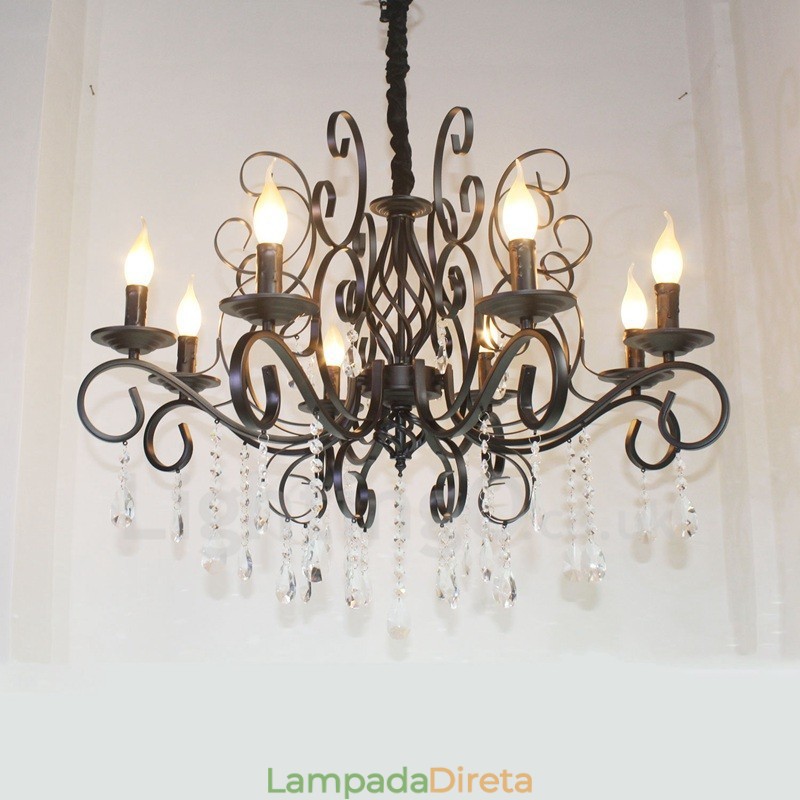 Lustre de vela pendente preto retrô vintage rústico de cristal de 8 luzes
