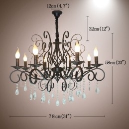 Lustre de vela pendente preto retrô vintage rústico de cristal de 8 luzes