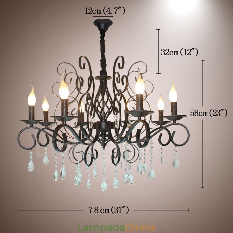 Lustre de vela pendente preto retrô vintage rústico de cristal de 8 luzes