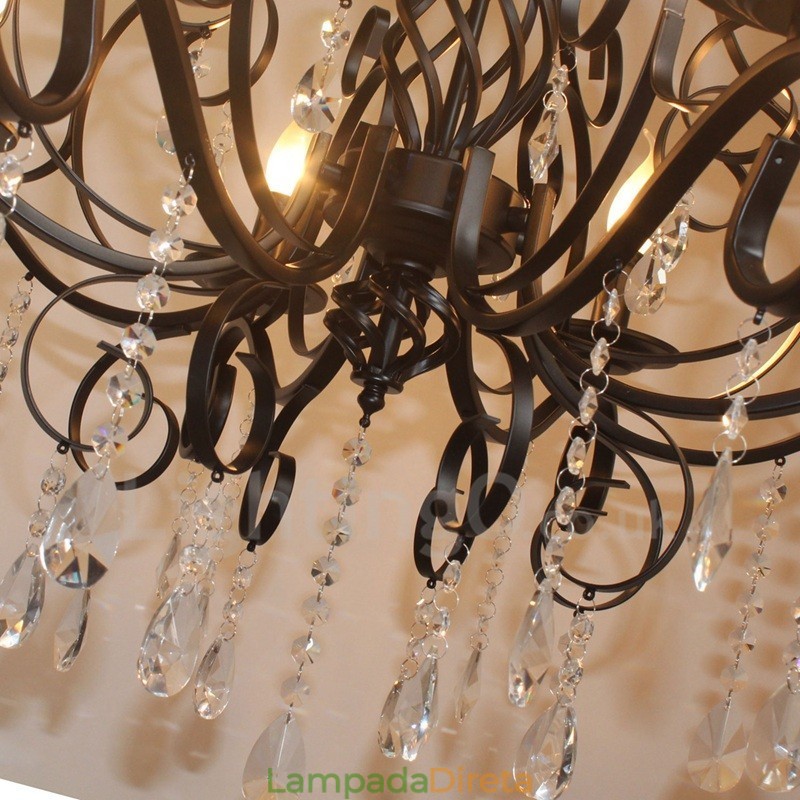Lustre de vela pendente preto retrô vintage rústico de cristal de 8 luzes
