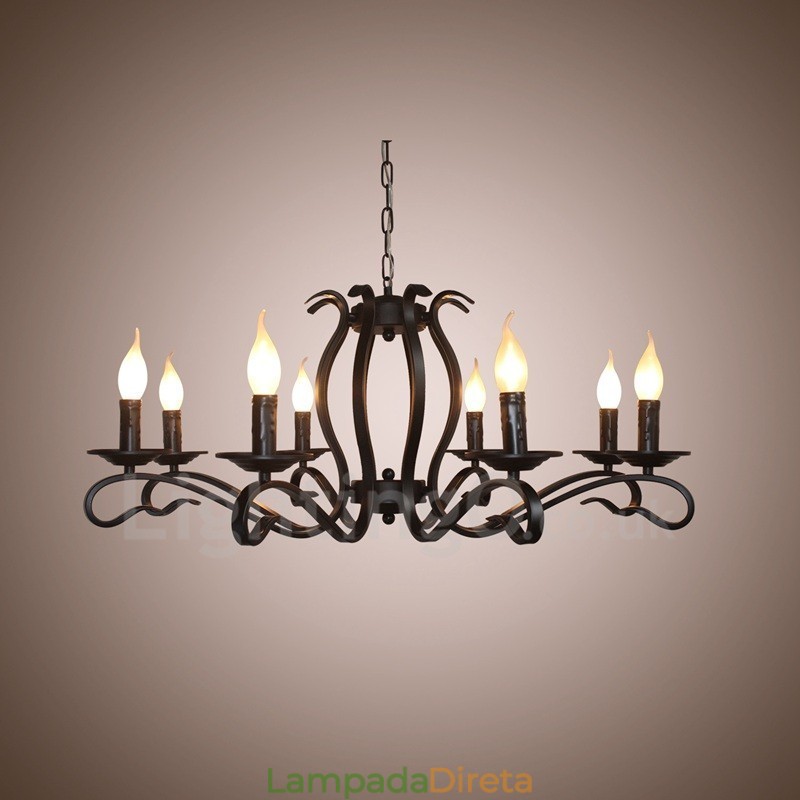 Lustre de vela pendente vintage retrô rústico preto de 8 luzes