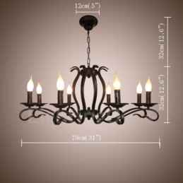 Lustre de vela pendente vintage retrô rústico preto de 8 luzes