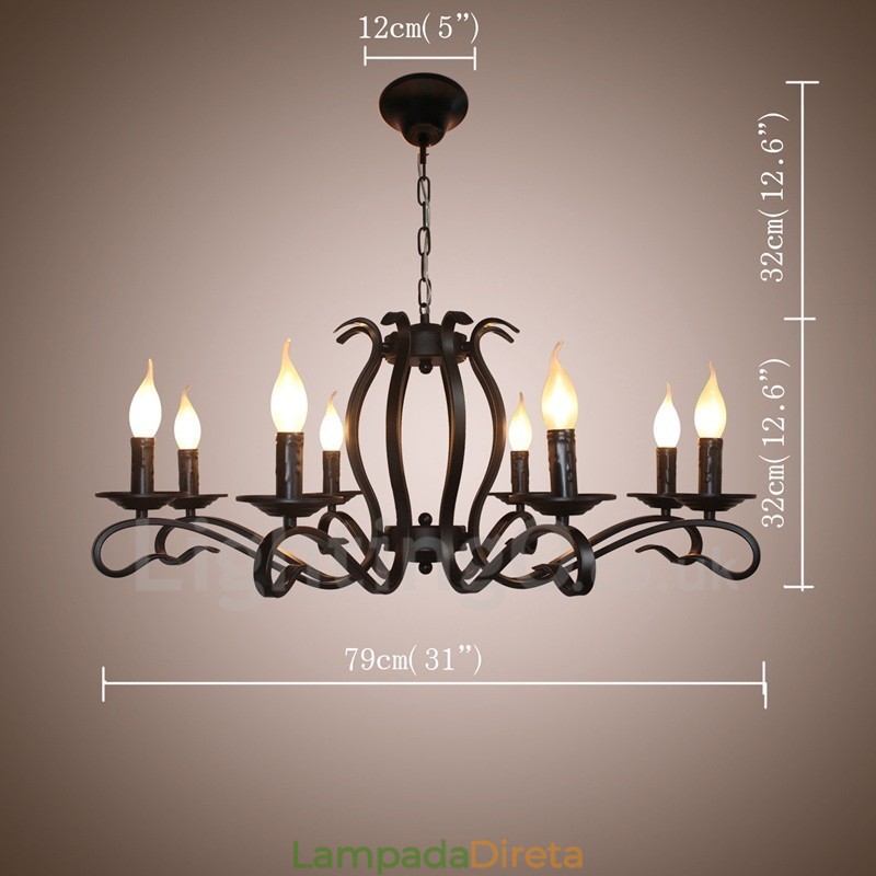 Lustre de vela pendente vintage retrô rústico preto de 8 luzes