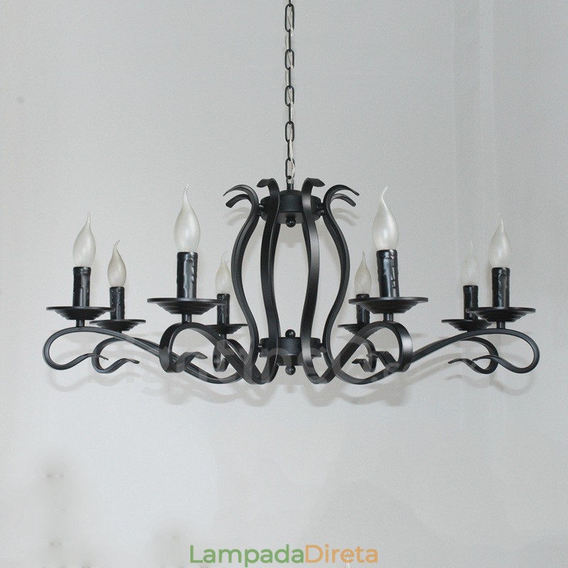 Lustre de vela pendente vintage retrô rústico preto de 8 luzes