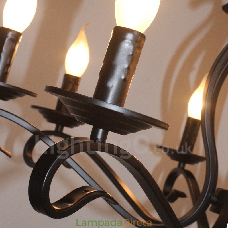 Lustre de vela pendente vintage retrô rústico preto de 8 luzes