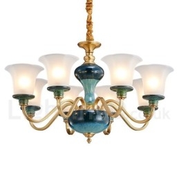 Retro Vintage Latão Cerâmica Pingente Vela Lustre com Tons de Vidro