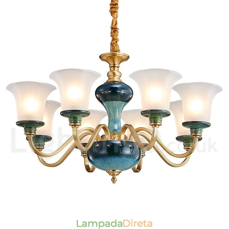 Retro Vintage Latão Cerâmica Pingente Vela Lustre com Tons de Vidro